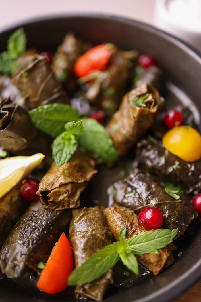Delicious Mediterranean stuffed grape leaves garnished with fresh herbs and colorful vegetables.