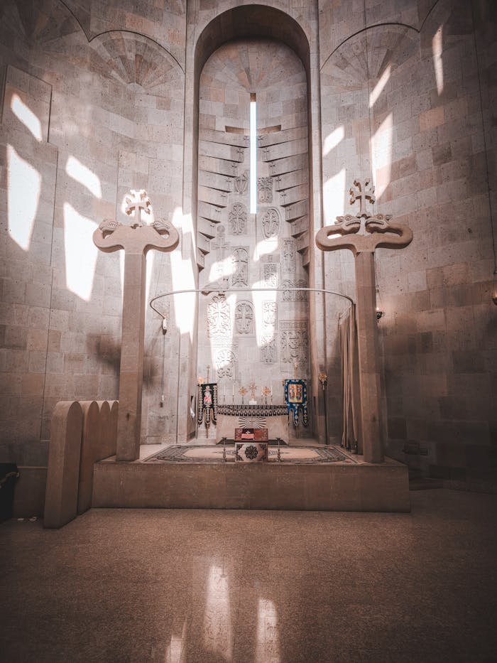 services-03 Stunning view of a church's altar in Vagharshapat, Armenia with modern architecture.